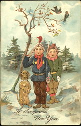 Two boys and dog in snow Postcard Postcard