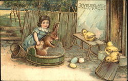 Girl with rabbit , chicks and eggs With Bunnies Postcard Postcard