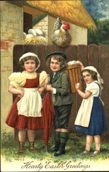 Three children gathering eggs With Children Postcard Postcard