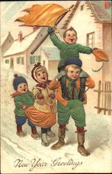 Four children walking in the snow Postcard