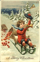 Young boy sledding at Christmas Children Postcard Postcard