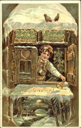 Boy with bell in a treefort with a christmas tree Children Postcard Postcard