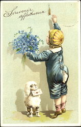 Boy and Dog with Flowers Postcard