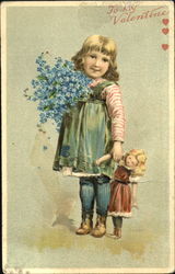 Little girl holding a doll in one hand and flowers in the other Children Postcard Postcard