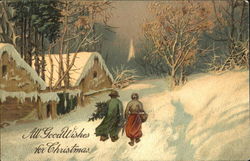 Man and Woman walking in the snow Postcard