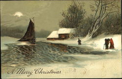 Winter scene on a lake Christmas Postcard Postcard