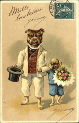 Two dogs in formal dress with flowers Postcard