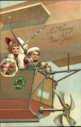 Girl and Boy on Zeppelin New Year's Postcard Postcard