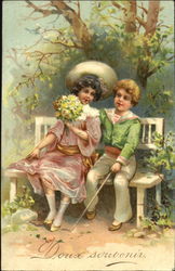 Young girl and boy sitting on a bench Romance & Love Postcard Postcard