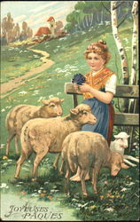 Young Girl With Lambs in the Country Postcard Postcard