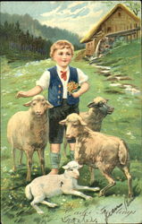 Boy with Sheep With Lambs Postcard Postcard