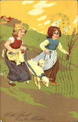 Two Girls with Sheep With Lambs Postcard Postcard