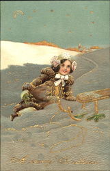 Girl Sledding Postcard