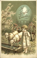 Easter Girl with Sheep With Lambs Postcard Postcard