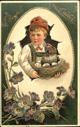 Boy with hen and eggs in basket Postcard