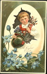 Child with an egg and spring flowers With Children Postcard Postcard