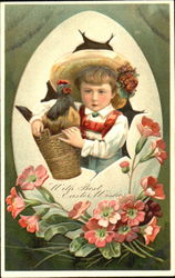 Child Holding Basket with Chicken Postcard