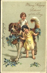 Two girls and a Saint Bernard Postcard