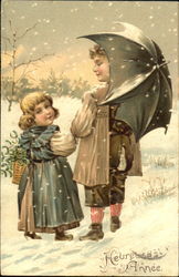 Two young children walking in the snow Postcard