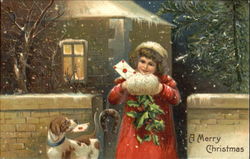 Girl & Dog Delivering Christmas Cards Postcard