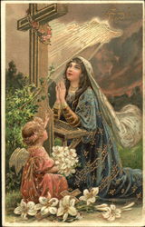 Woman Praying at Cross "Faith" Religious Postcard Postcard