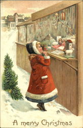 Girl Viewing Toys During Winter Postcard