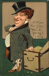 Affluuent Man with Gold Chest New Year's Postcard Postcard