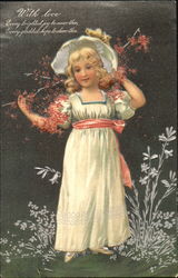 Girl in dress with branch of flowers Postcard