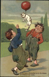 Boys Send Cat Aloft on a Balloon Postcard