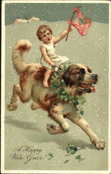 Small Girl Riding Dog in Snow Postcard