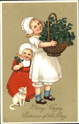 Two young girls and small kitten Postcard