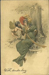 Forest Scene of Cupid and a Victorian Beauty Postcard Postcard