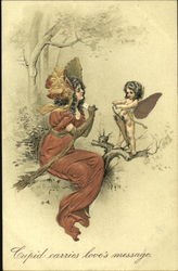 Cupid delivering love message to lady Postcard