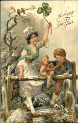 Woman, dog and boy New Year's Postcard Postcard