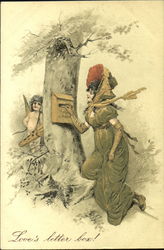 Woman Placing Card in Mailbox with Cupid Postcard