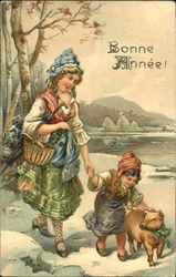 Mother, Daughter, Pig New Year's Postcard Postcard