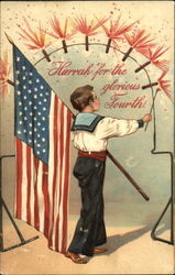 Patriotic picture of a boy with the American flag and lighting fireworks Postcard