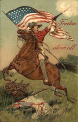 Man on Horseback Holding Rifle and American Flag Patriotic Postcard Postcard