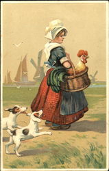 Dutch girl carrying a rooster in a basket Dutch Children Postcard Postcard