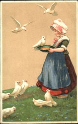 girl feeding birds Dutch Children Postcard Postcard