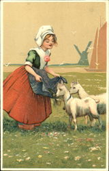 Maiden with Lambs Dutch Children Postcard Postcard