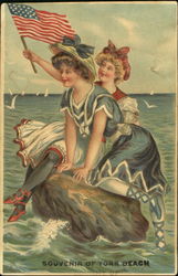 Ladies at York Beach Holding American Flag Patriotic Postcard Postcard