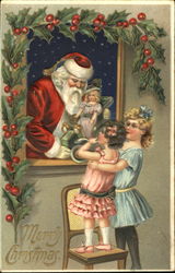 Small girls visiting Santa through a Window Santa Claus Postcard Postcard