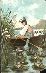 Woman in Boat and Baby Lillies Postcard