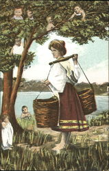 Woman carrying water baskets over her shoulders with kids playing nearby and in a tree Postcard