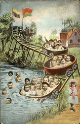 Babies riding roller coaster into a pond Postcard