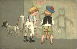 Two Boys and a Dog Peeing on Wall Postcard