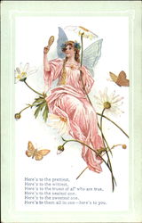 Fairy in pink sittng on a flower examines her reflection in a handheld mirror Fantasy Postcard Postcard