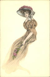 Woman in long dress holding roses Postcard