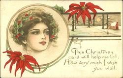 Woman with holly wreath around her head and Christmas Poinsettia flowers Postcard